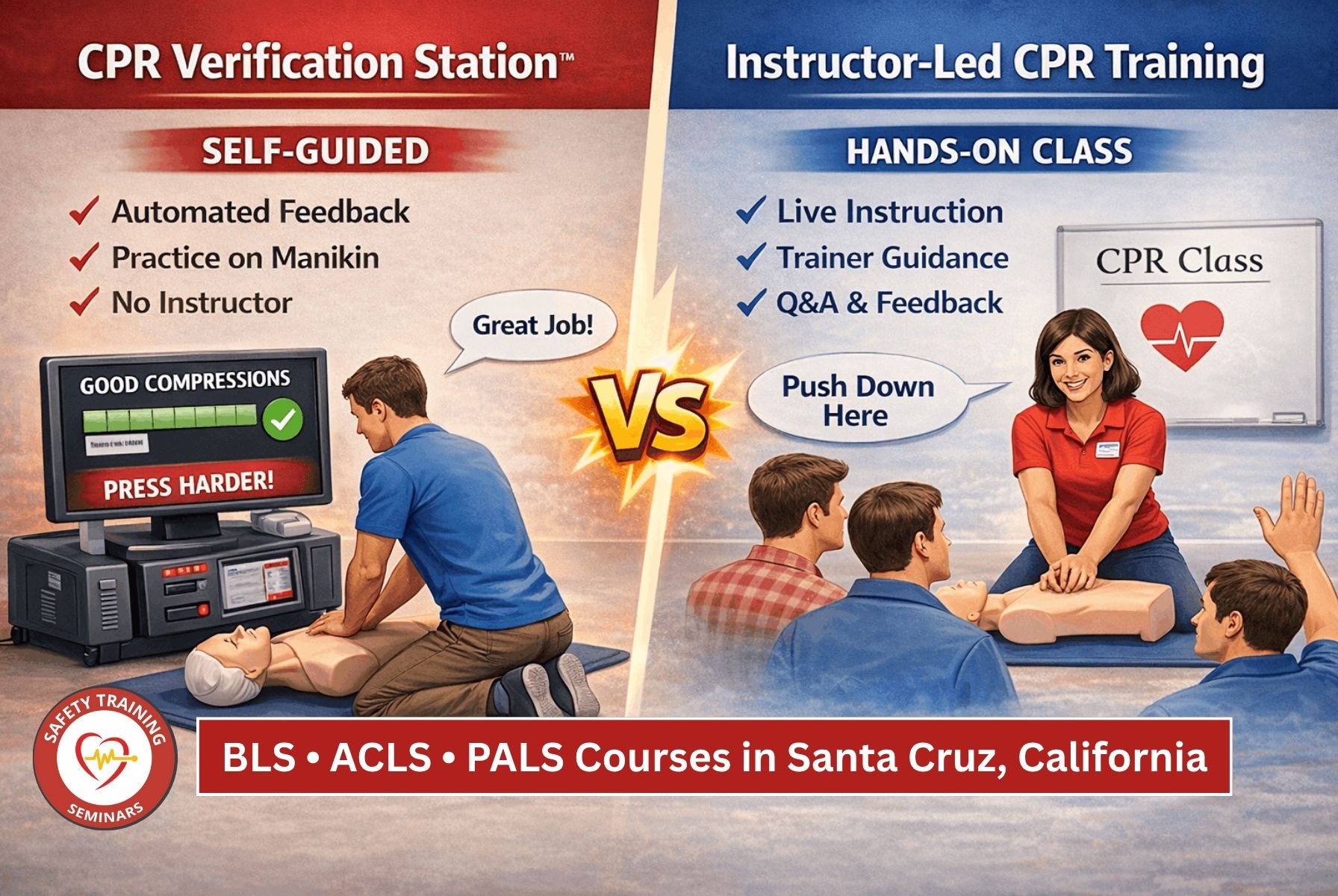 Instructor-Led Training vs. CPR Verification Stations BLS, ACLS, and PALS Courses in Santa Cruz, CA